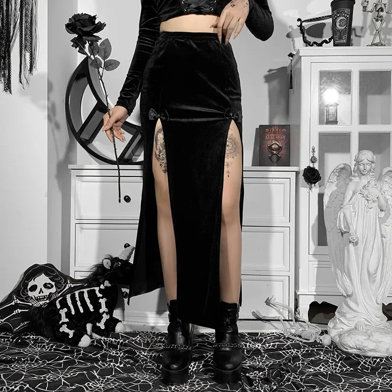 Punk High Waist Skirt With Bow Side Split Knee Length