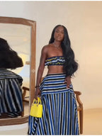 Bohemian Blue Striped Two-piece Set Strapless Ruffled Crop Top Tiered Maxi Skirt