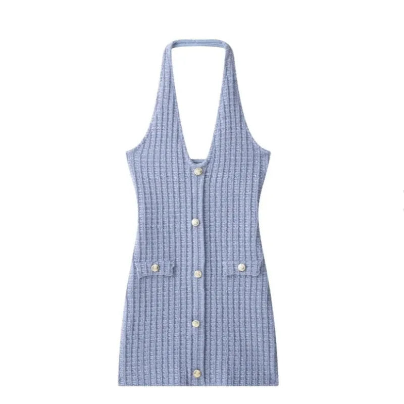Halter V Neck Backless Knit Mini Dress For Women Figure Flattering Fit