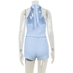 Sexy Halter Knit Two Piece Set Backless Bodice And Shorts Tracksuit