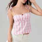Sweet Open Back Camisole With Shirred Tie Up Spaghetti Straps Lace Trim And Square Neck