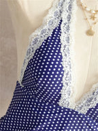 Blue Polka Dot Bikini Set With Lace Trim V Neck Tank Top And Tie Side Thong Bottom For Summer Beach Days