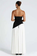 Elegant Off-Shoulder Evening Gown With Patchwork Pleats And Scarf Neck High Split Long Dress