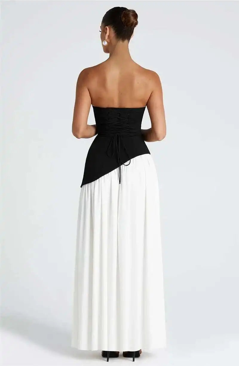 Elegant Off-Shoulder Evening Gown With Patchwork Pleats And Scarf Neck High Split Long Dress