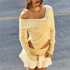 Knit Color Block Mini Skirt High Waisted Pleated