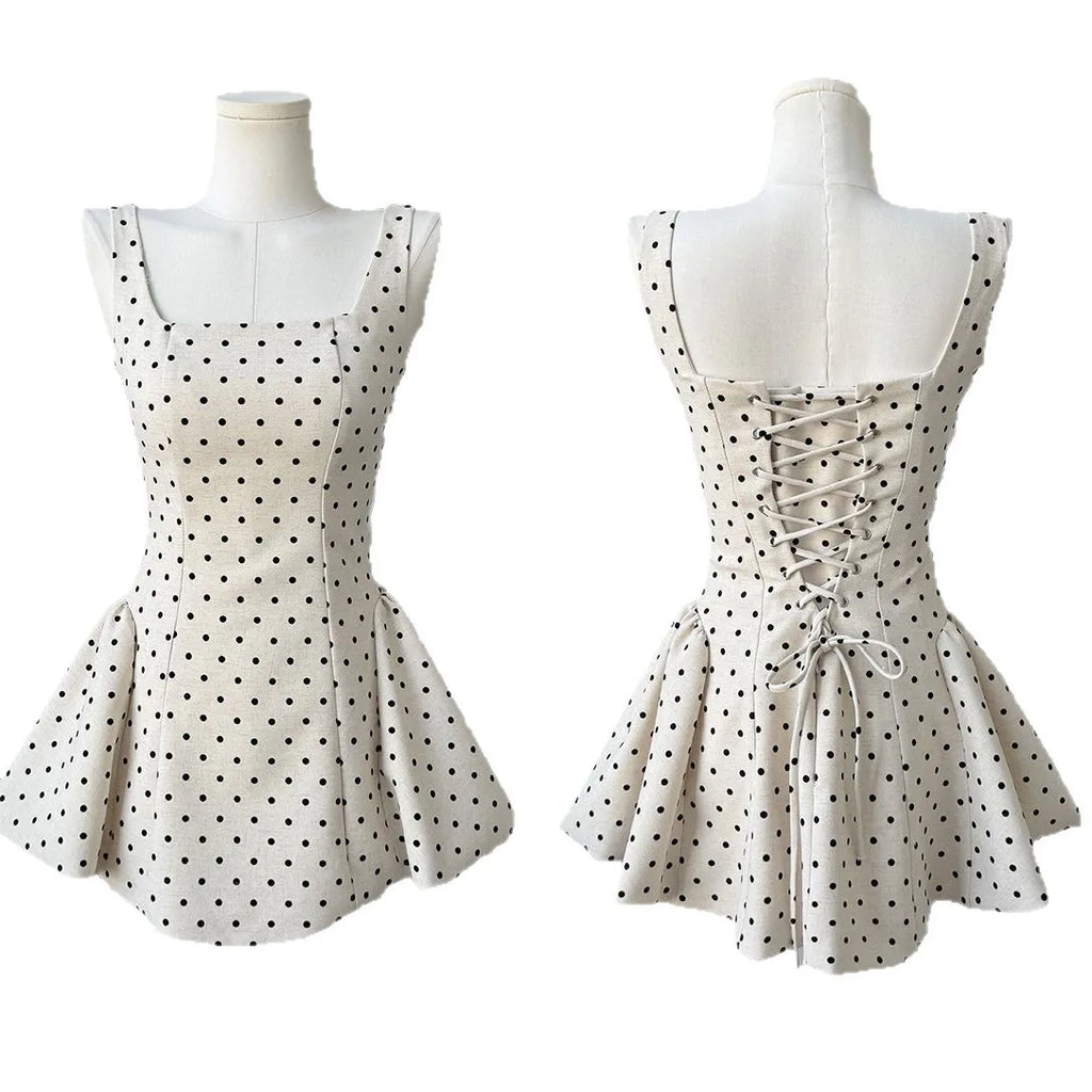 Polka Dot Gingham Mini Dress With Square Collar