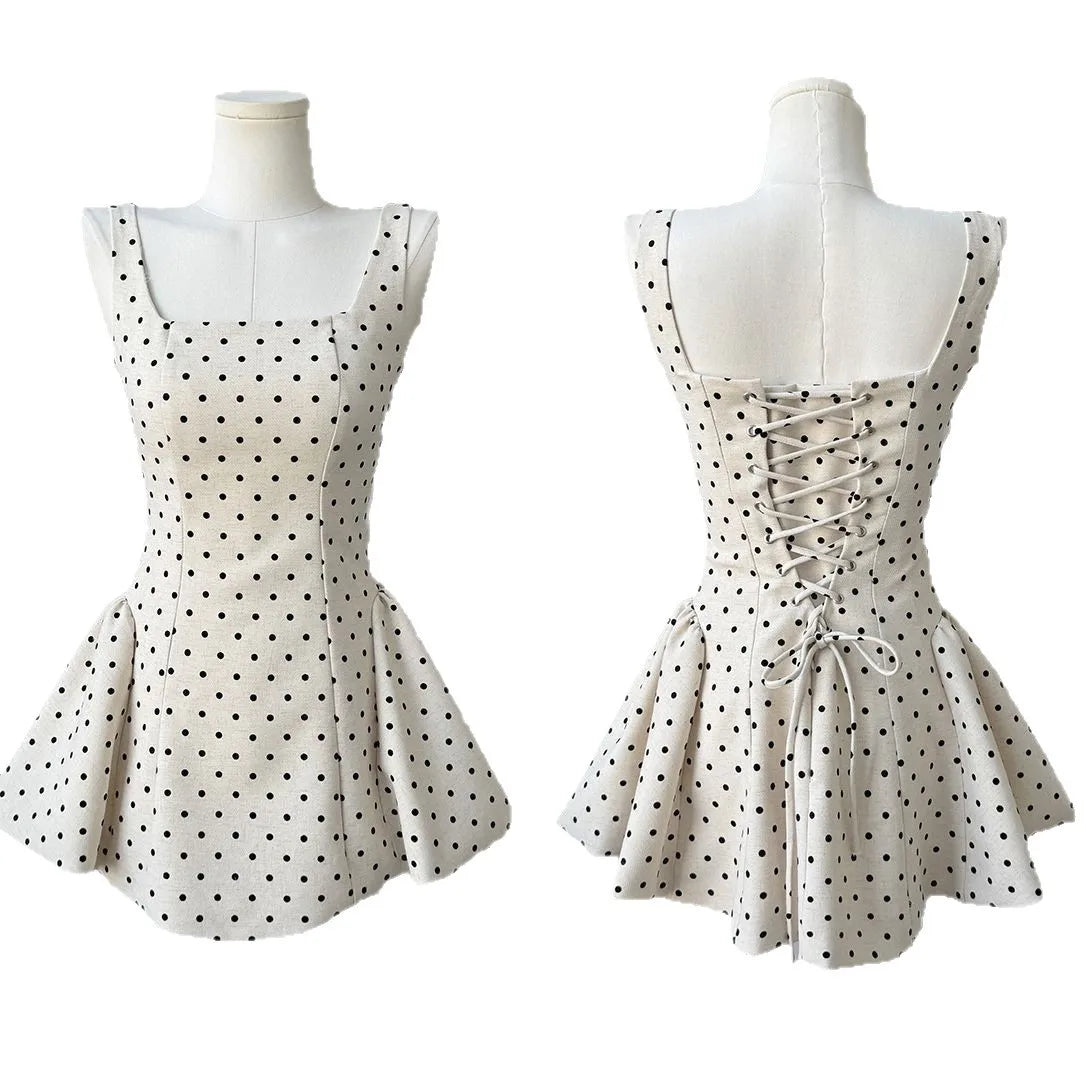 Polka Dot Gingham Mini Dress With Square Collar