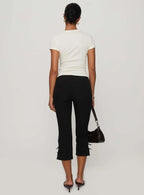 Women's Y2K Cute Capri Pants Solid Color Satin Bow Decor Side Split Summer Slim CroppedTrousers Stretch Crop Leggings