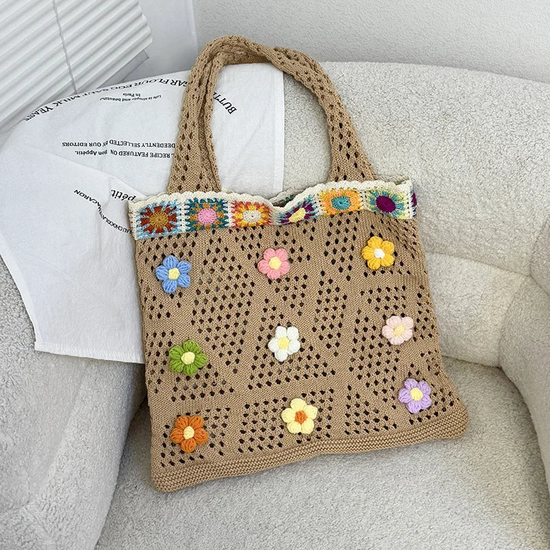 Boho Knitting Shoulder Bag With Floral Crochet