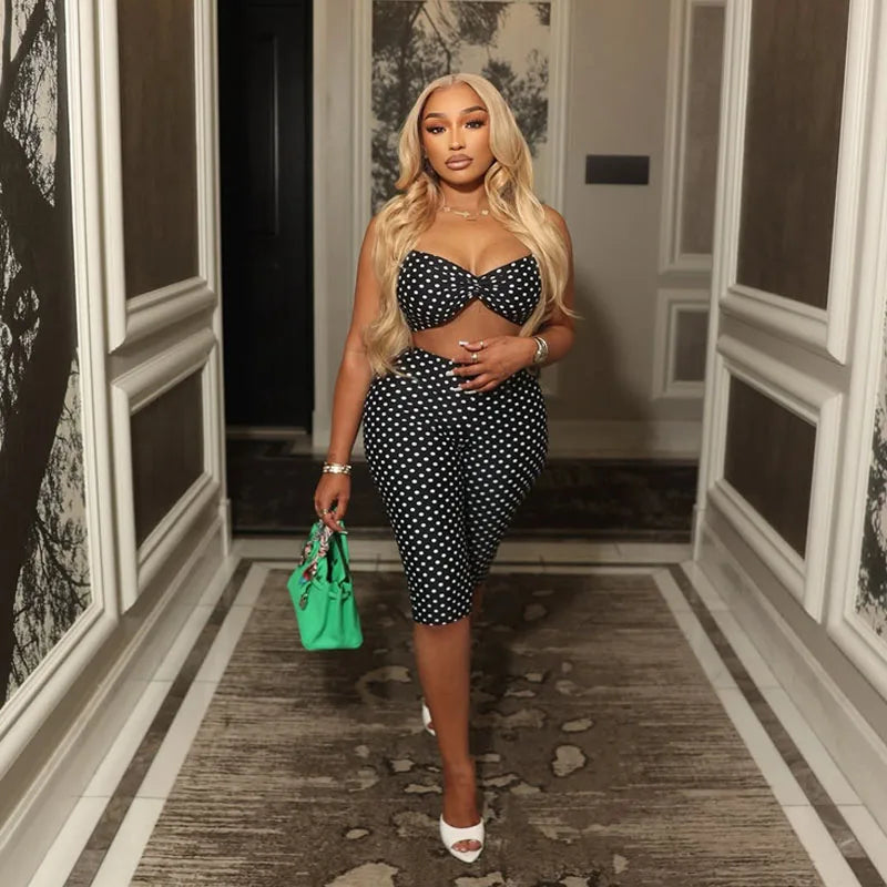 Sexy Polka Dot Night Out Set With Strapless Crop Top And Capri Pants