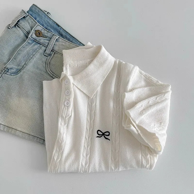Sweet Bow Embroidered Knitted Polo Shirt For Women Short Sleeve