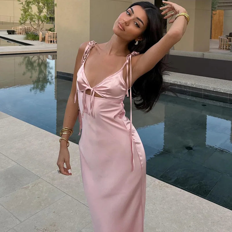 Backless Lace Up Midi Dress With Spaghetti Straps