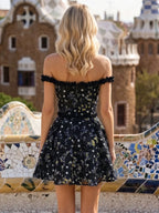 Off Shoulder Floral Embroidery Mini Dress With Delicate Ruffles Sleeveless And Backless