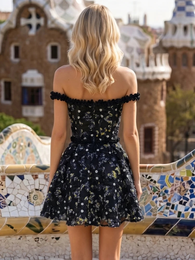 Off Shoulder Floral Embroidery Mini Dress With Delicate Ruffles Sleeveless And Backless