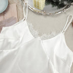 Sexy White Spaghetti Strap Short Lace Pullover Ruched Backless Nightgown