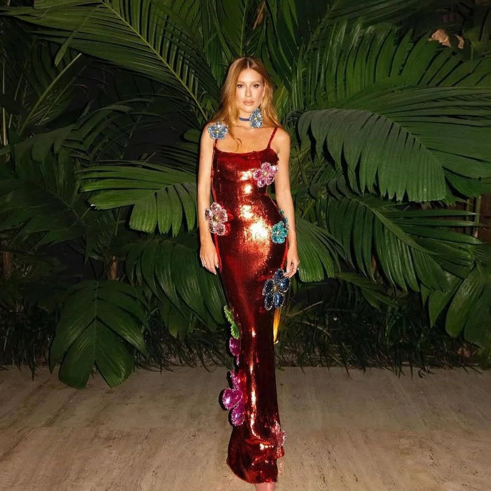 Romantic Sequin Dress With Floral Beading And Floor Length Silhouette