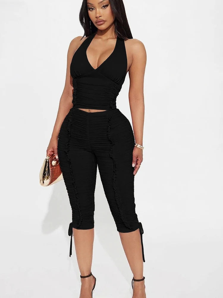 Ruched Halter Crop Top And Capri Pants Two-piece Set