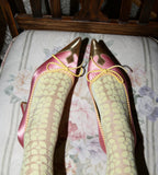 Retro Pink Satin Pointed Toe Pumps With Gold Toe Cap And Yellow Bow Accent Playful Low Heel