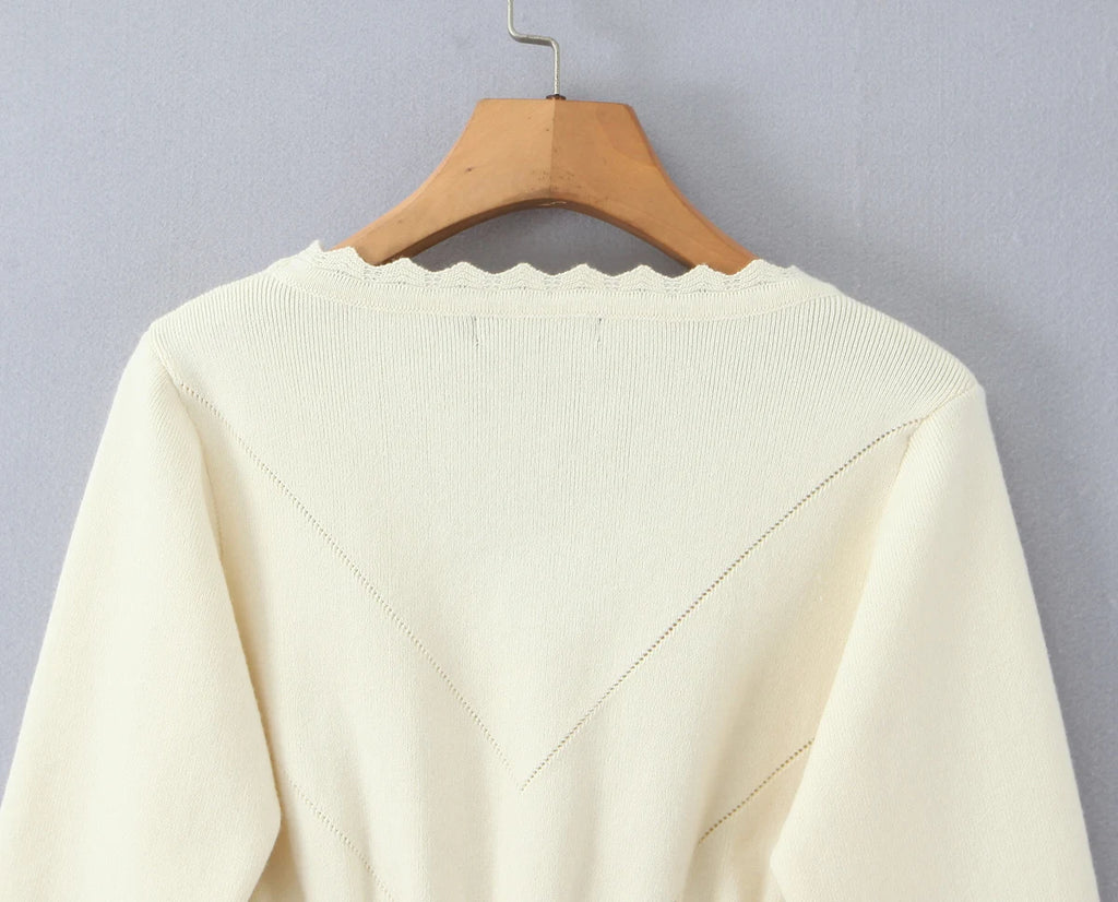 Hollow Crochet Knit Cropped Sweater in Beige and Red Long Sleeve Knit Top for Women