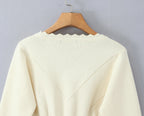 Hollow Crochet Knit Cropped Sweater in Beige and Red Long Sleeve Knit Top for Women