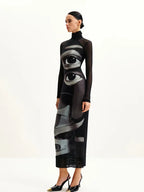 Printed Maxi Dress With Turtleneck And Long Sleeves Slim Fit