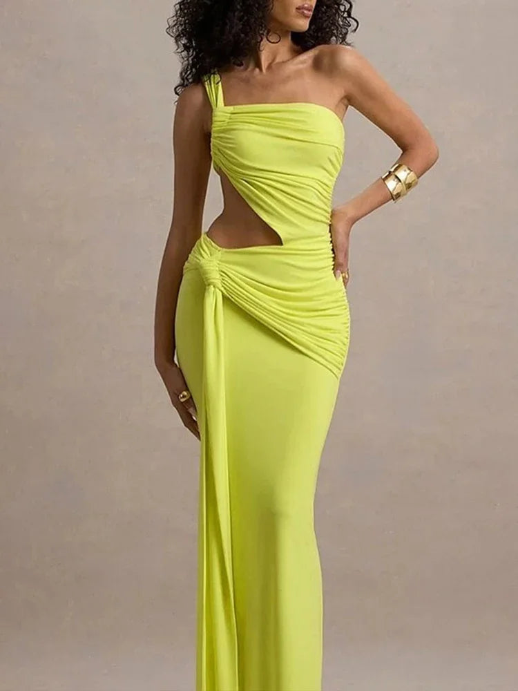 One Shoulder Backless Hollow Dress With Irregular Pleats And Tassel Patchwork