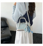 Denim Crossbody Bag With Embroidered Ruched Detailing And Subtle Rivet Accents