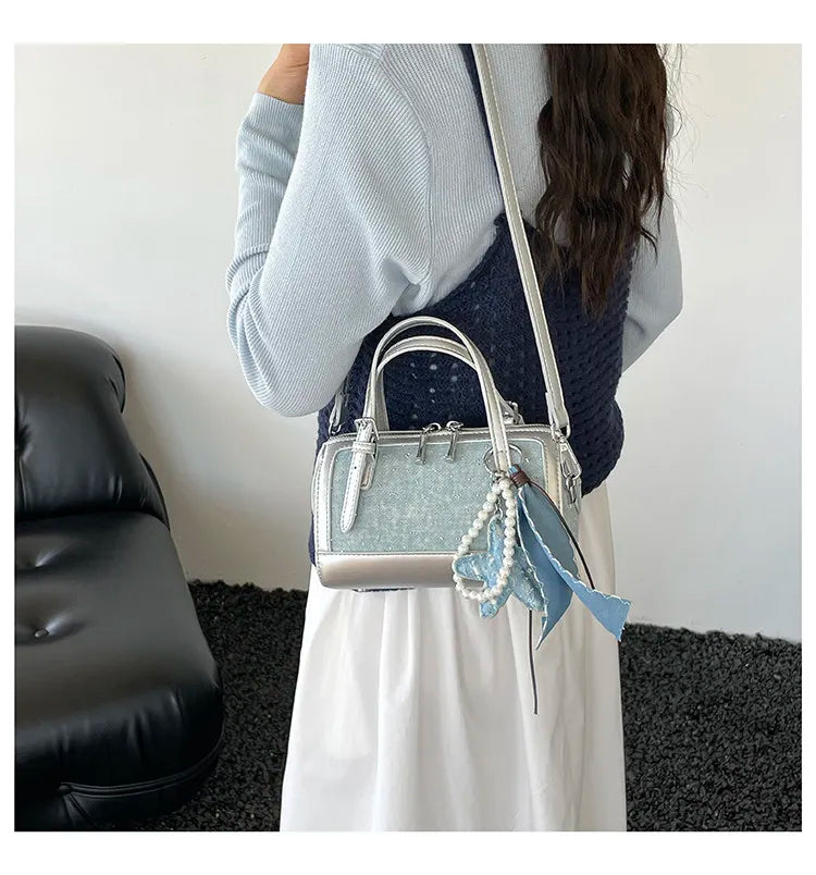Denim Crossbody Bag With Embroidered Ruched Detailing And Subtle Rivet Accents