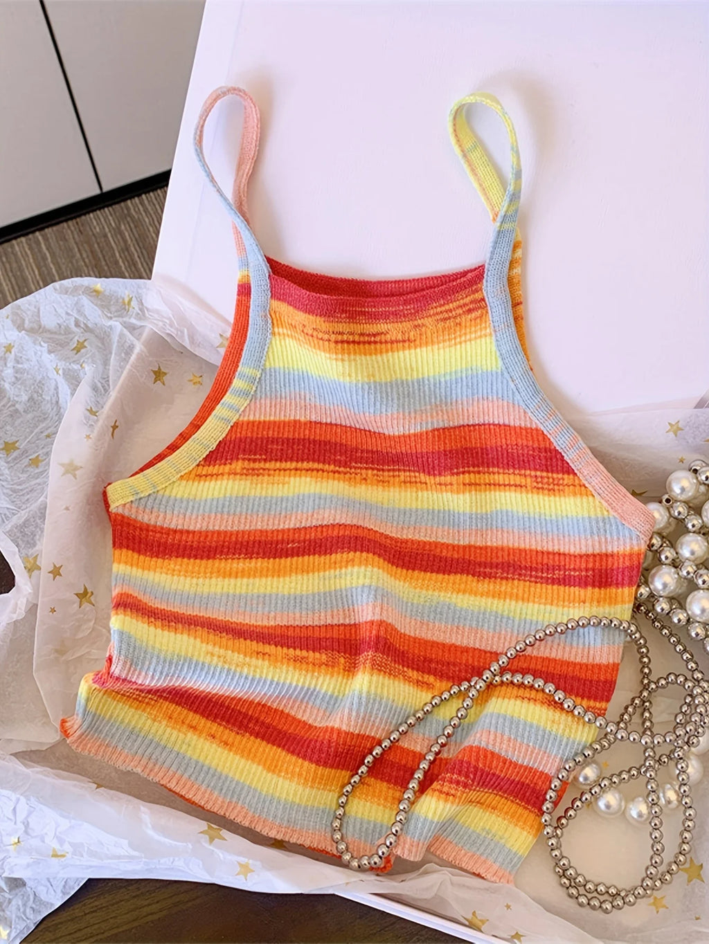Striped Ribbed Knit Cami Top With Square Neck Sleeveless Rainbow Crop