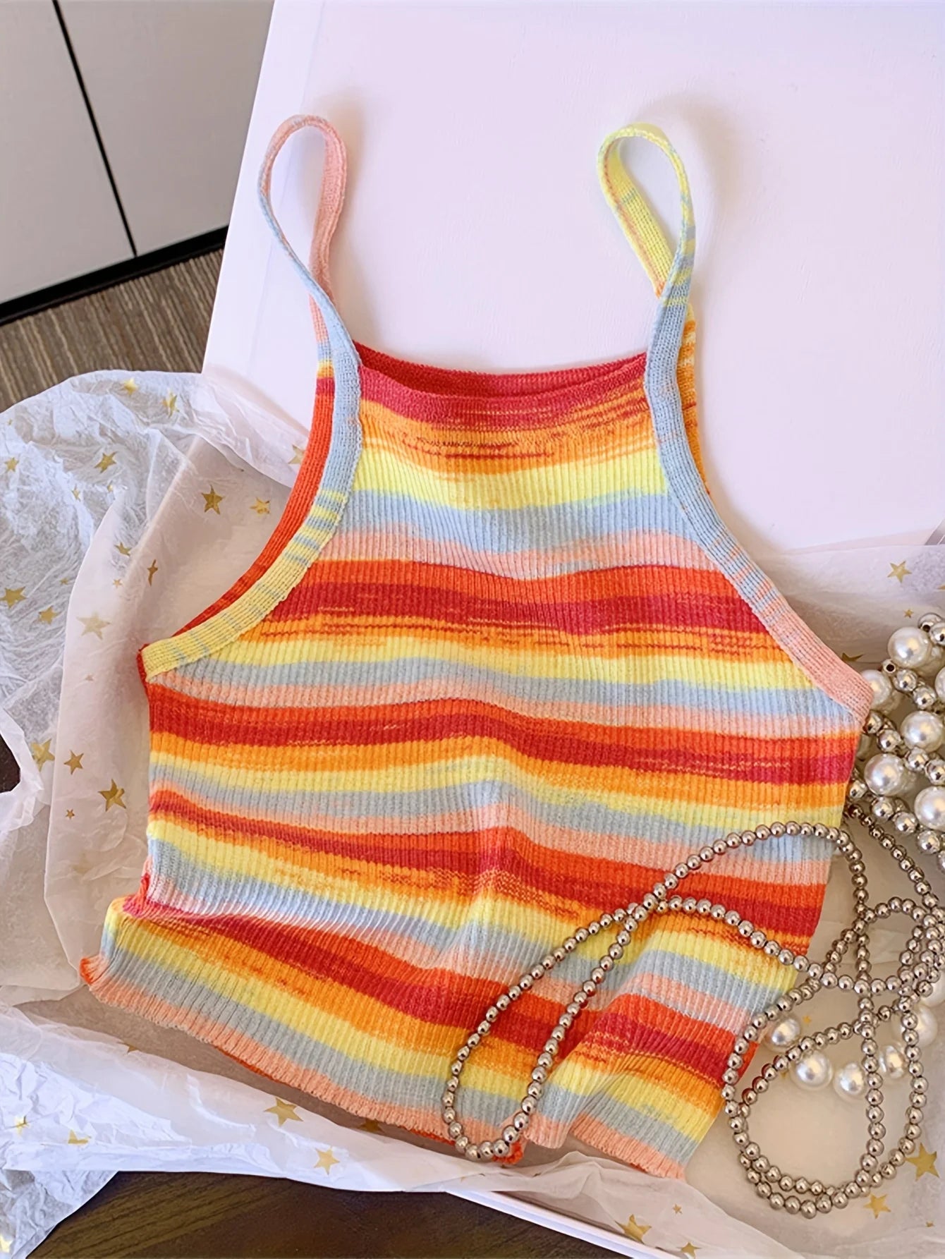 Striped Ribbed Knit Cami Top With Square Neck Sleeveless Rainbow Crop