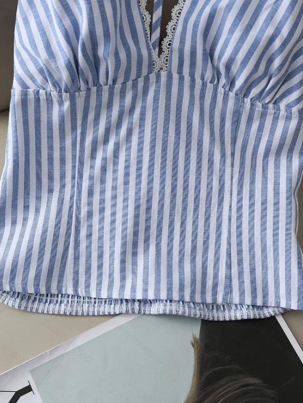Women Halter Backless Striped Blouse Top Sleeveless
