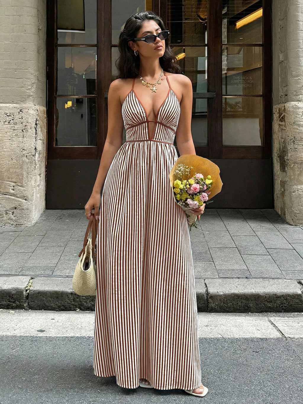 Sea Breeze Striped Deep V Beach Dress With Backless Sleeveless Maxi