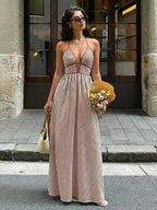 Sea Breeze Striped Deep V Beach Dress With Backless Sleeveless Maxi