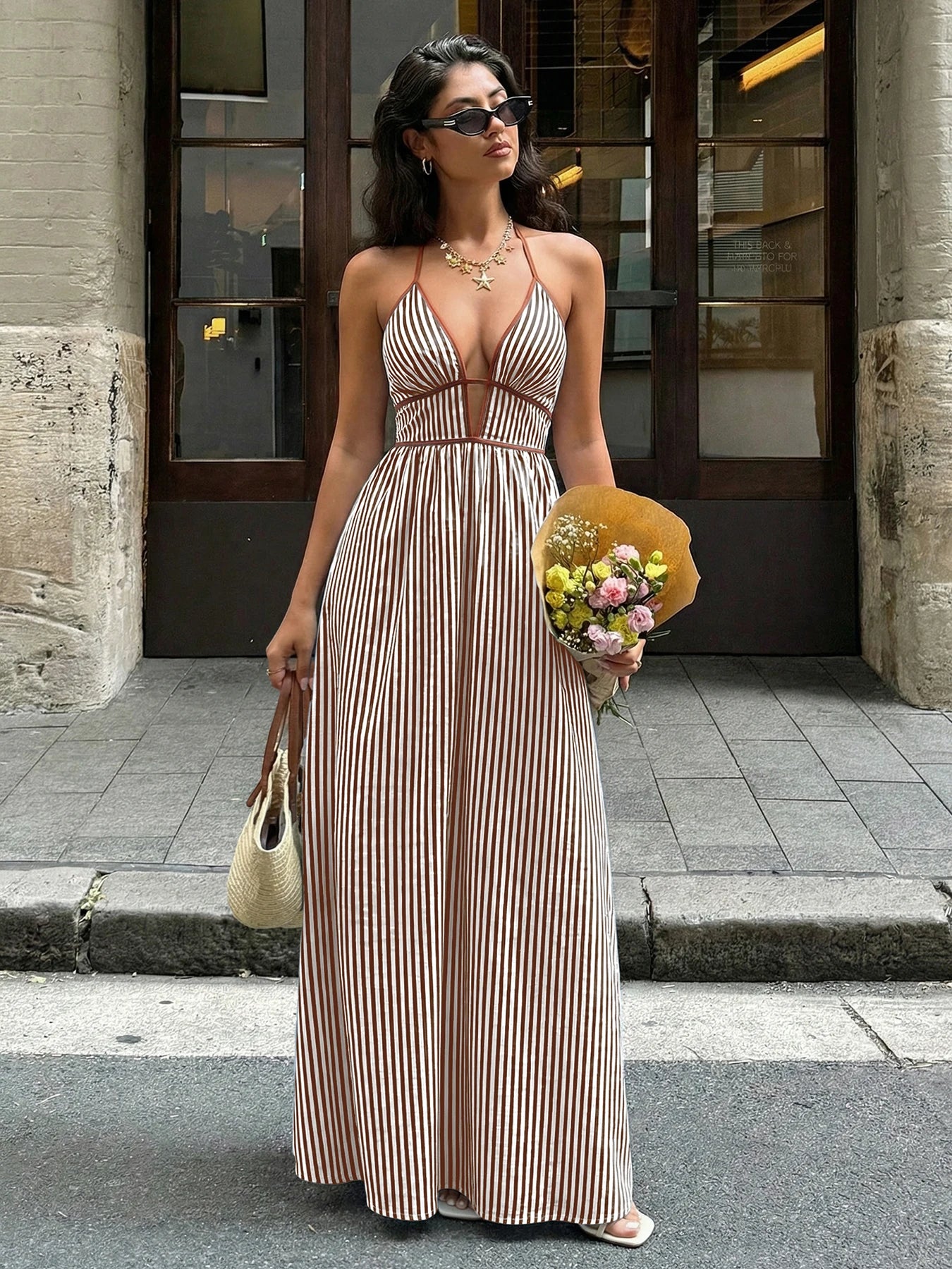 Sea Breeze Striped Deep V Beach Dress With Backless Sleeveless Maxi