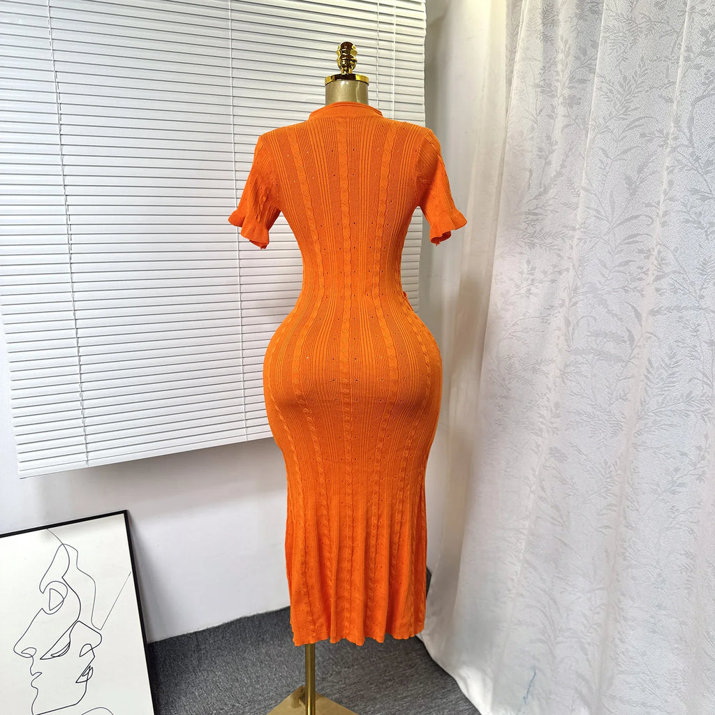 Knit Ribbed Bodycon Midi Dress With O Neck And Short Sleeves