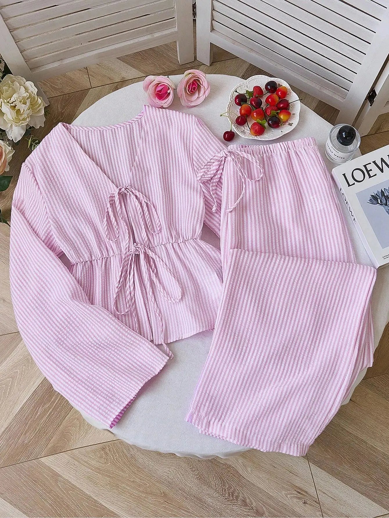 Striped Lace Up Two Piece Set V Neck Top And Elastic Waist Pants