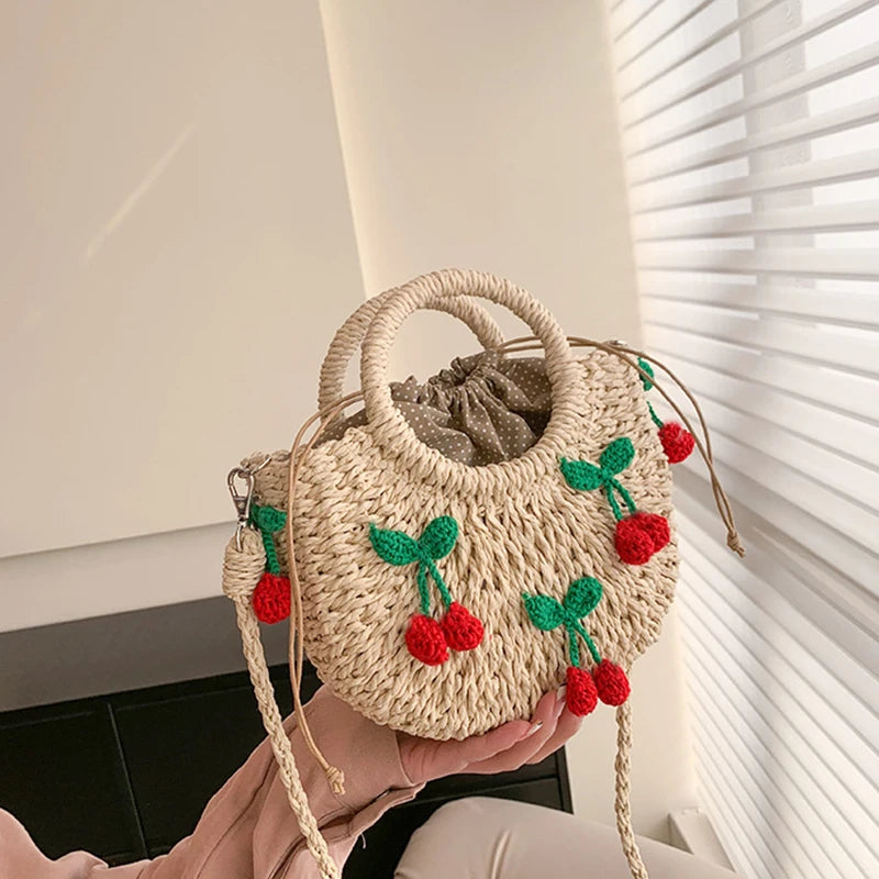 Cherry Deco Chic Shoulder Bag Mini Basket Purse Paper Weave Handmade