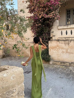 Elegant Satin Backless Halter Off-Shoulder Maxi Dress
