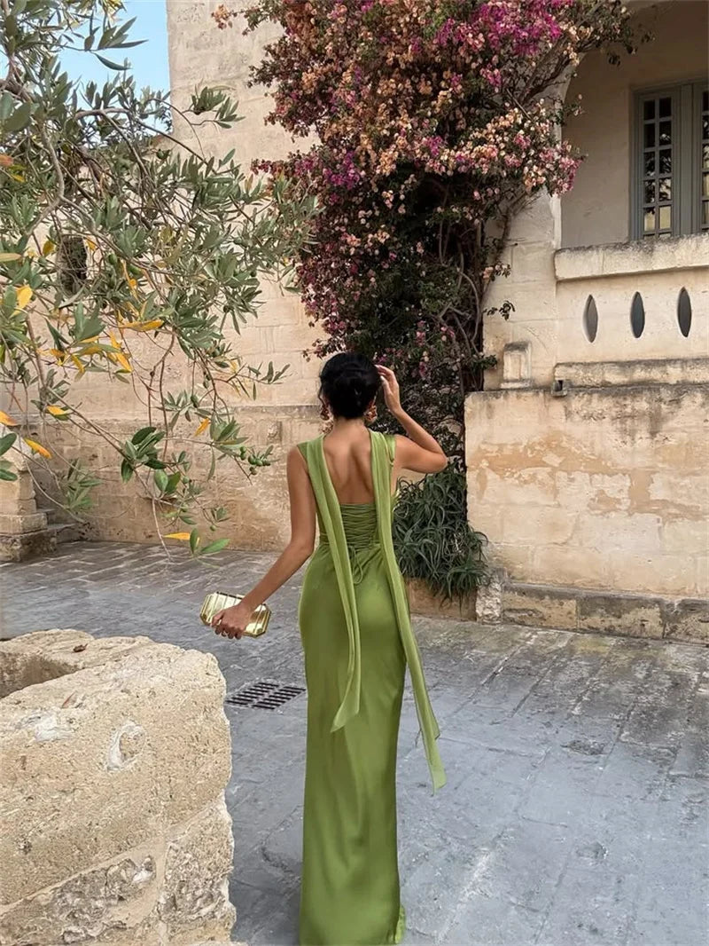 Elegant Satin Backless Halter Off-Shoulder Maxi Dress
