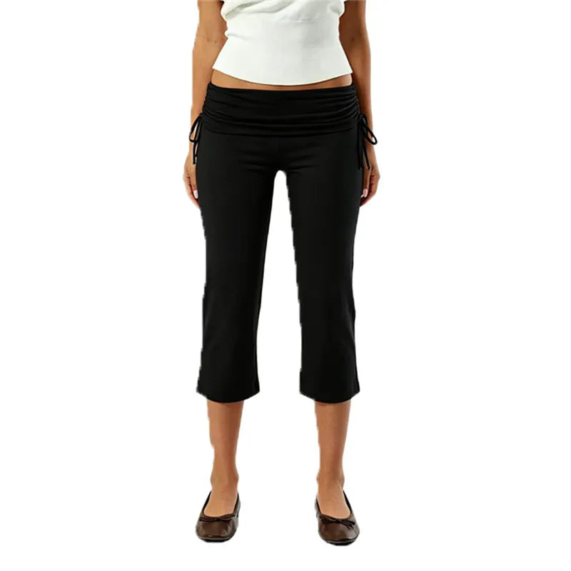 High-Waist Capri Pants With Fold-Over Waist Adjustable Drawstring Tie Detail