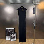 Hollow-Out Knit Vest Dress With Metal Buttons Sleeveless Slit