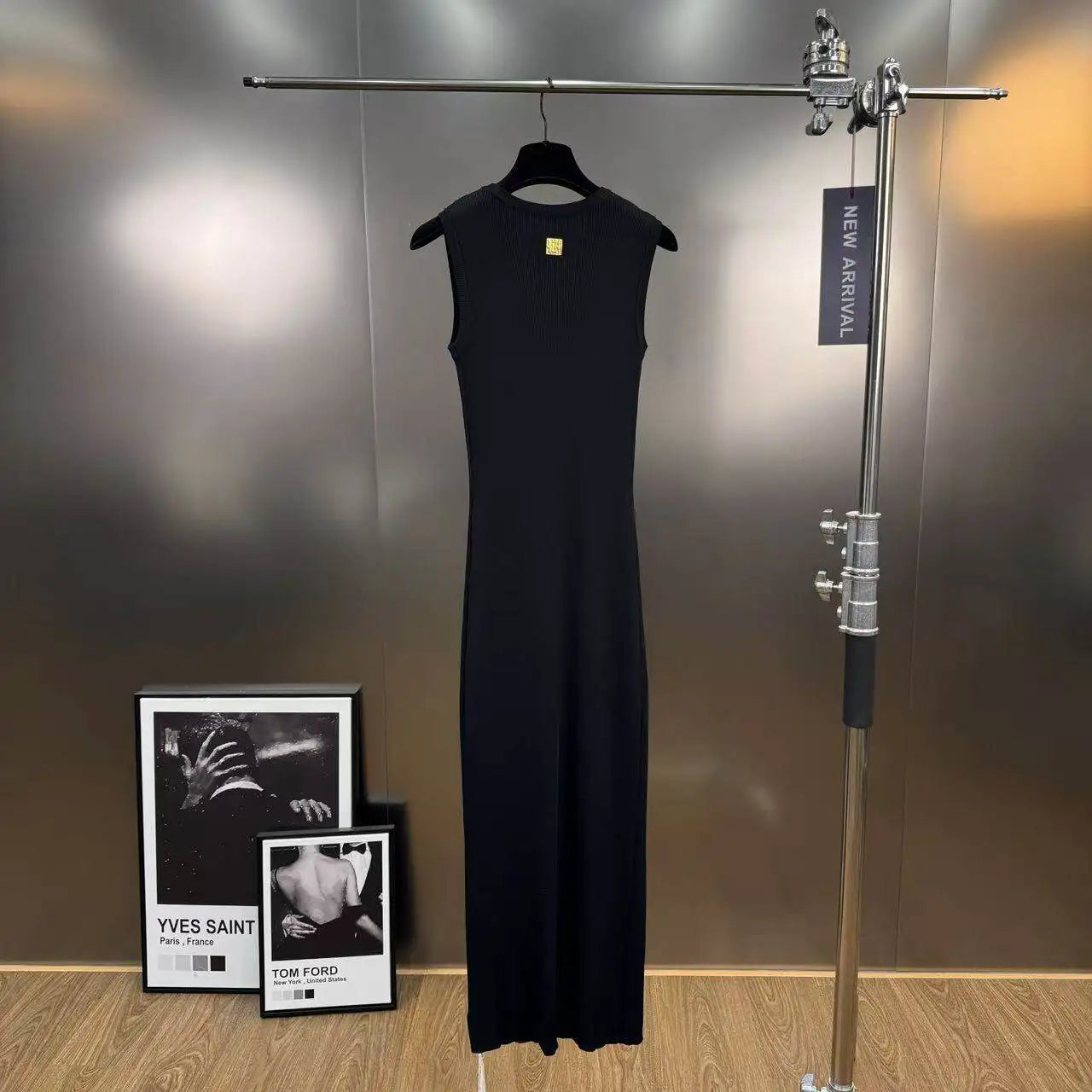 Hollow-Out Knit Vest Dress With Metal Buttons Sleeveless Slit