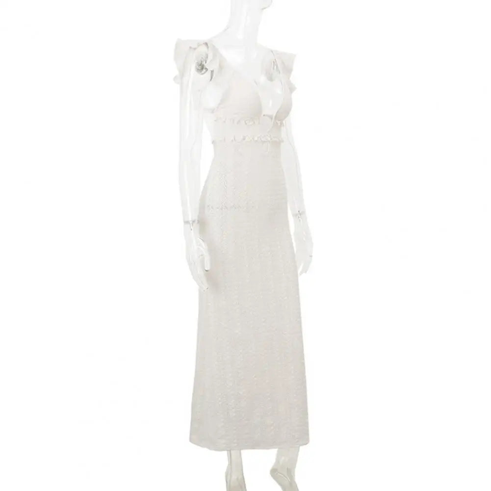 Knit Dress With Backless Hollow Out Lace Up Solid A Line Sleeveless