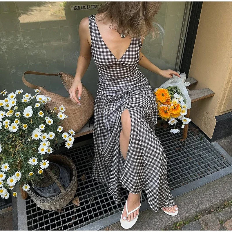 Polka Dot Pleated Maxi Dress With Slit V Neck Off Shoulder Sleeveless Evening Wear