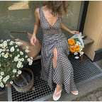 Polka Dot Pleated Maxi Dress With Slit V Neck Off Shoulder Sleeveless Evening Wear