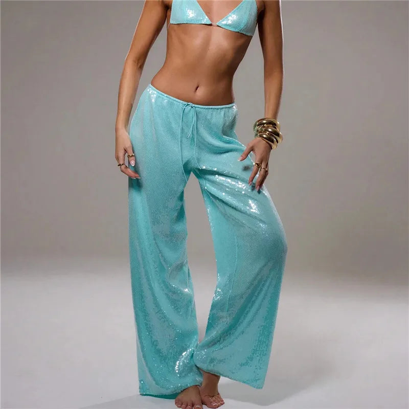 Sequined Solid Wide Leg Pants For Women With High Waist Loose Fit Trousers