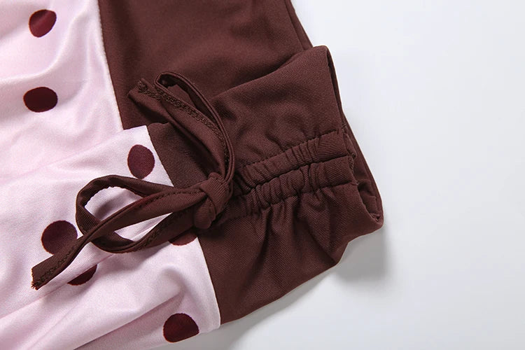 Pink Brown Two Piece Set With Polka Dot Cami And Ruched Mini Skirt