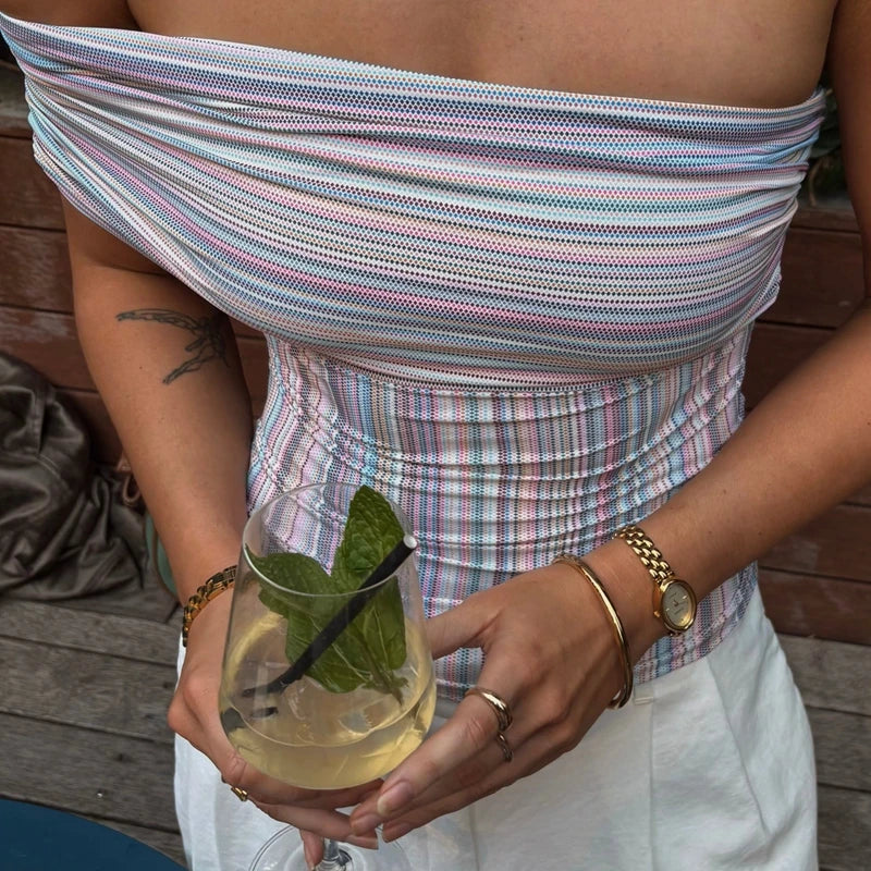 Striped Off Shoulder Crop With Wrap Neckline Bandeau Backless Sleeveless Tube Top