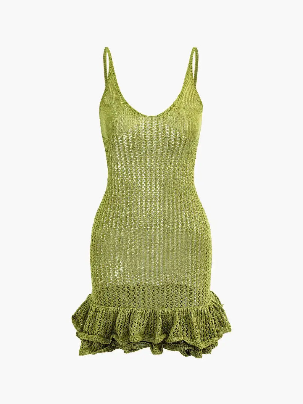 Open Knit Crochet Cami Mini Dress With Ruffle Hem