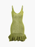 Open Knit Crochet Cami Mini Dress With Ruffle Hem
